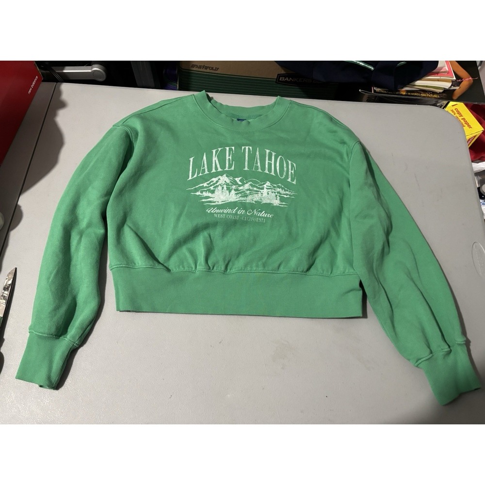 Old Navy Sweatshirt S Green Lake Tahoe Graphic Cropped Pullover Womens